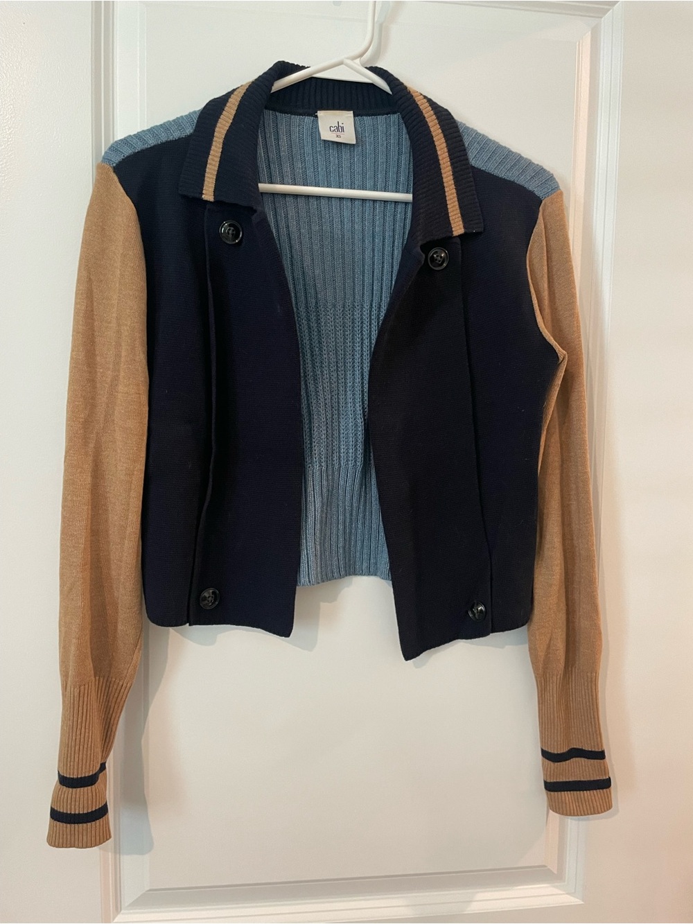 CAbi Turnback Navy, Camel & Dusty Blue Colorblock Knit Jacket
